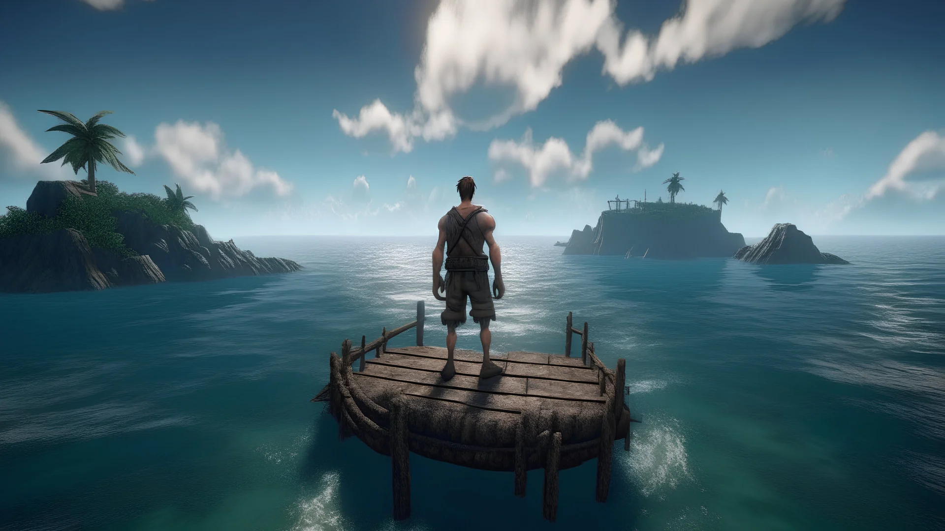 A survivor man on sea shore of an Island, standing on his raft, graphics quality unreal engine and person should be in center of screen. make it look a bit real