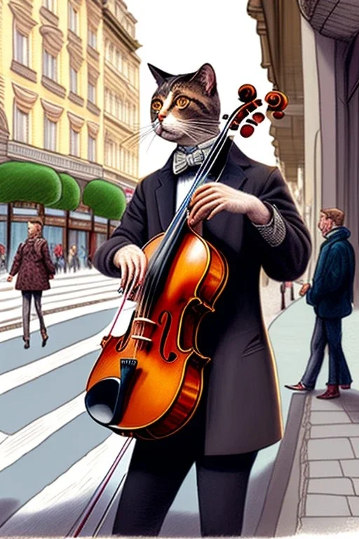 One single mature cat playing violin on the street, Vienna, friendly, model style, hyper realistic, extremely accurate, delicate, extremely detailed, Graphic novel style, wide-angle, open aperture, superfine pencil