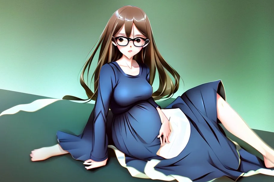 full body of a brown haired anime manga pregnant girl in dark blue dress with eyeglasses