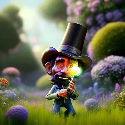 pixar style, volumetric summer garden environment and background, realistic painting of a cute midget abraham lincoln with stovepipe hat, looking excited, volumetric lighting, dramatic lighting, detailed digital painting, anime, ornate, colour-washed colors, elegant, small minutiae, tiny features, particulars, centered, smooth, sharp focus, renderman gofur render, 8k, uhd, detailed eyes