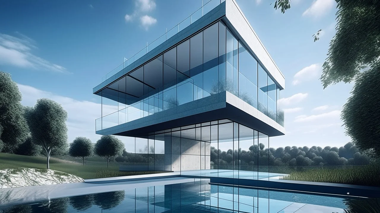 La Villa combina una caja de vidrio elevada con una piscina suspendida, creando una composición de contrastes entre ligereza, masa y estructuras superpuestas y presenta una volumetría ortogonal depurada con una estética de transición hacia la abstracción moderna, donde el exterior refleja la claridad compositiva interior. Experimenta con múltiples capas espaciales dentro de un prisma perforado, difuminando los límites entre privacidad, estructura y paisaje.