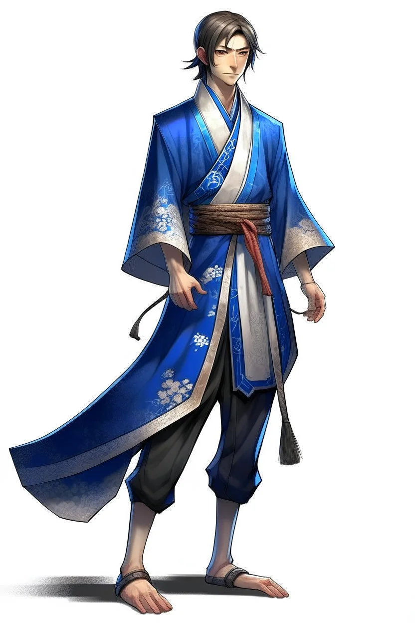 young human rogue in blue accented kimono full body