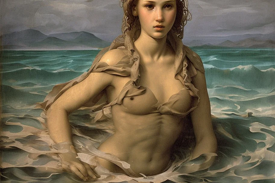 woman in camo swim in deep water by andrea del sarto