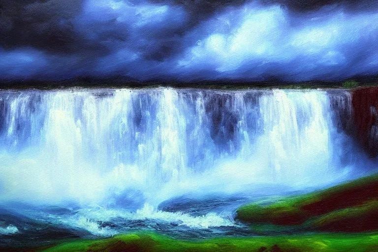 Cloudy dark sky, epic waterfall landscape, impressionism painting