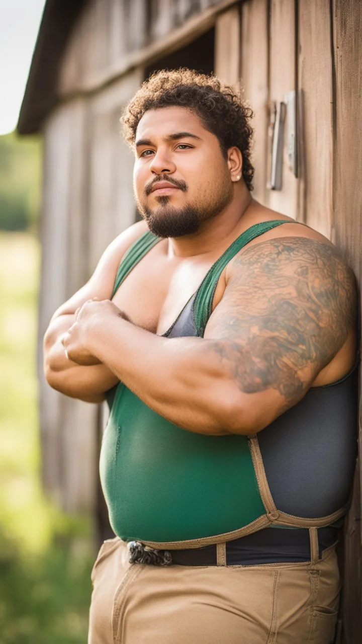 half figure photography of a burly chubby overweight muscular brazilian farmer 25 years old, sweat, short curly hair, tattoo, big goatee, manly chest, dirty tank top and dirty boxer , hand on the fap, tank top with dirty overalls, on the door of a large barn, under the sun