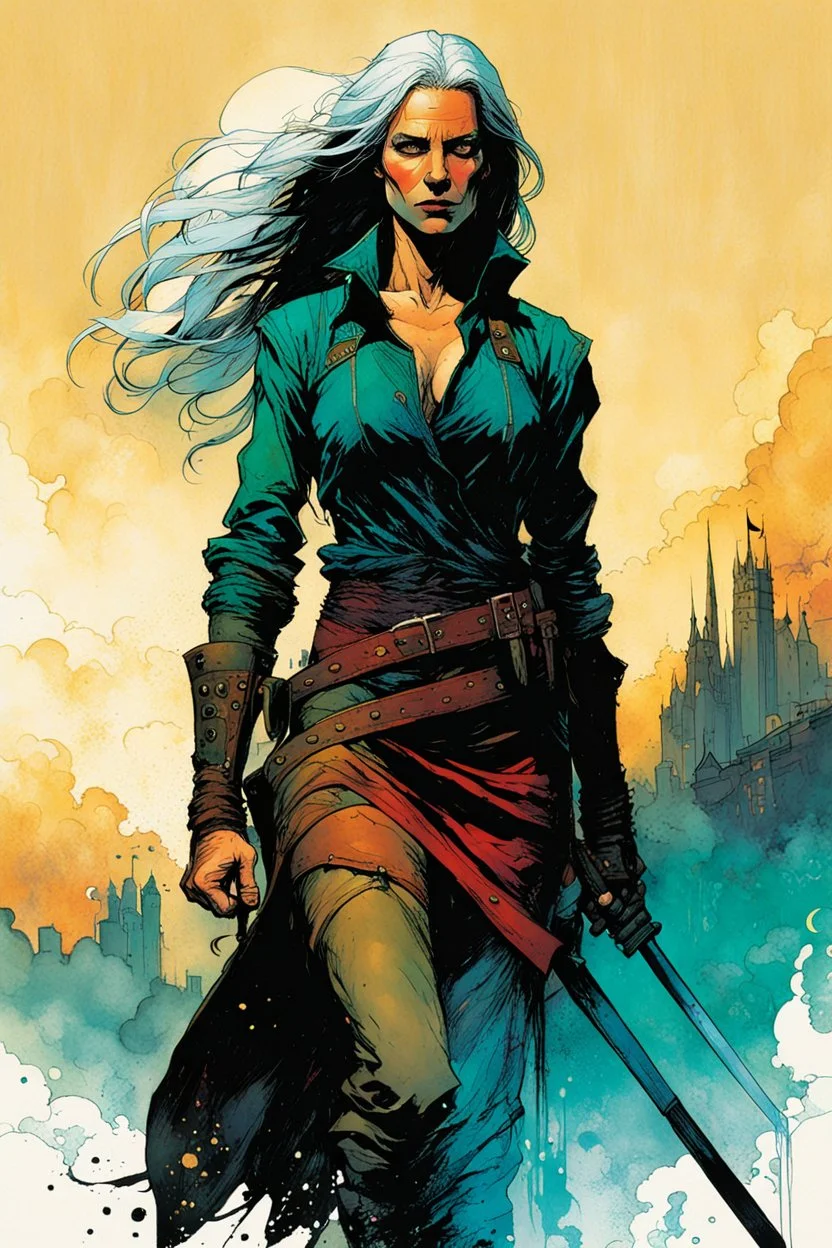 create an imaginative full body print illustration of an ethereal, otherworldly haggard and grim female Witcher , in the comic book art style of Bill Sienkiewicz, Mike Mignola, and Jean Giraud Moebius, with highly detailed feminine facial features , finely drawn, colored and inked,