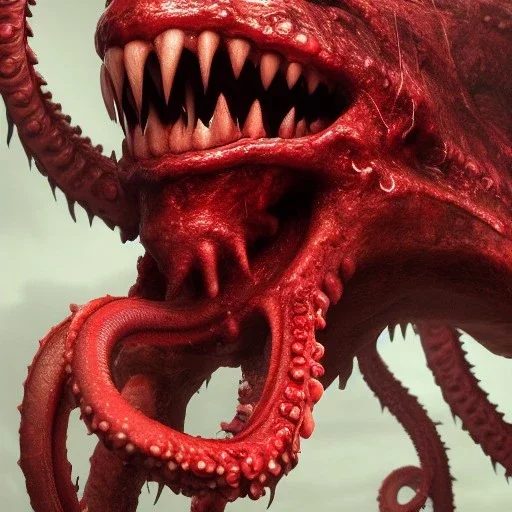 red, monster, tentacles, teeth, horror, detailed, realistic, gore, eyes, 8K, fantasy, scary, demonic, hyperrealism, huge, blood, creature, highly detailed, volumetric lighting, sharp focus, elegant, photorealism, octane render