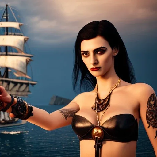 realistic, young spanish model pointing with a old pistol,short black hair flowing. black tatoo on arm. dressed as a pirate, bra with carved leather. Salvador dalì style. Ships in background with high details. 4k, unreal engine.