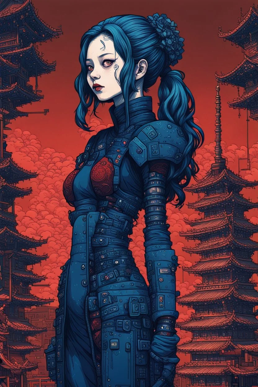 2 illustration side(half), cyberpunk huge girl illustration by <John Kenn Mortensen> in darkred tones, and another petit girl illustration by Katsushika Hokusai in darkblue tones, 8bits, Pixel Art, hyperdetailed,