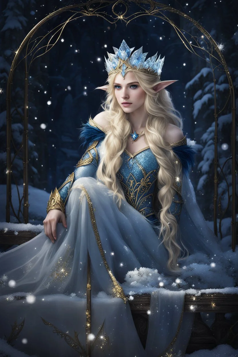 Elven princess,elven crown,long blonde golden hair,rapunzel hair,ice flowers,beautiful,light blue,dark blue,golden armor,sparkle,glitter,ice flowers,snow,elven ears,dark fairy princess