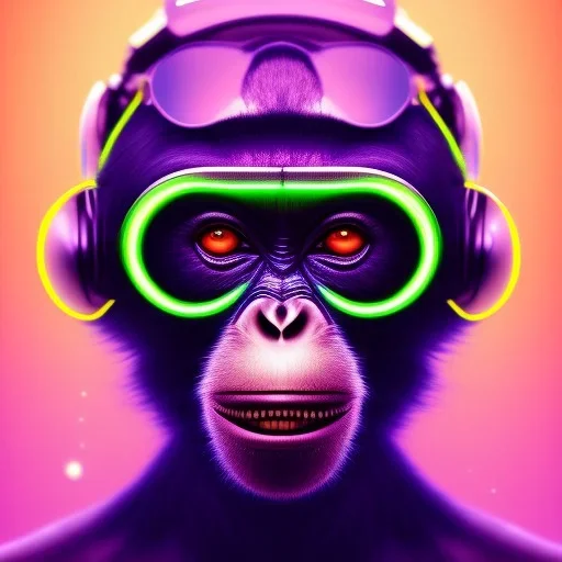 A beautiful portrait of a cyborg monkey purple neon color scheme, high key lighting, volumetric light high details psychedelic background