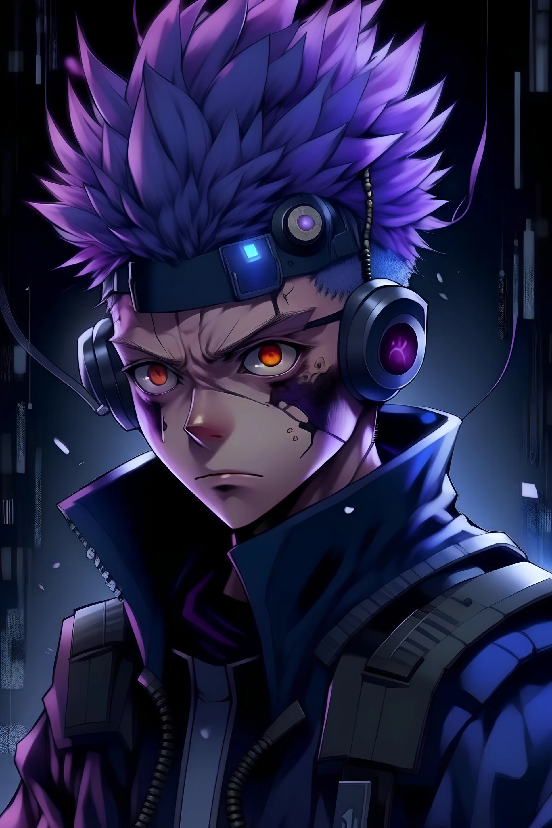 Gambarkan sebuah art dengan menggunakan karakter anime gojo Satoru dari jujutsu kaisen dengan temanya cyber punk