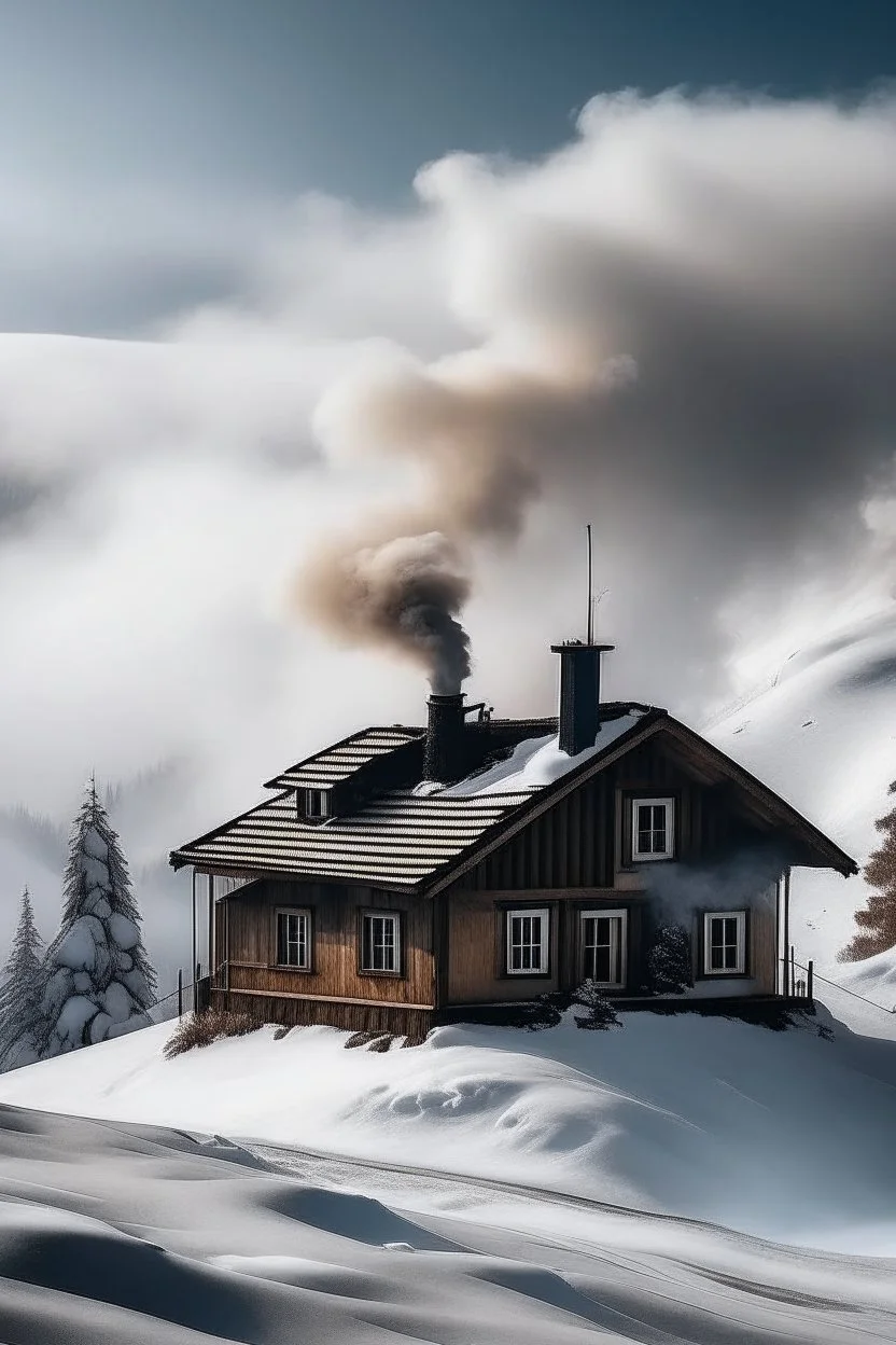 A house on a snowy mountain with smoke rising from it