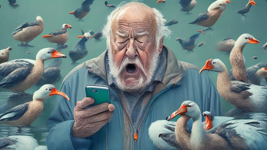 confused older man using cellphone telling the many ducks that surround him to "go away"