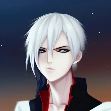 Anime character with white skin, red eyes, white hair, black clothing, in a magical medieval setting