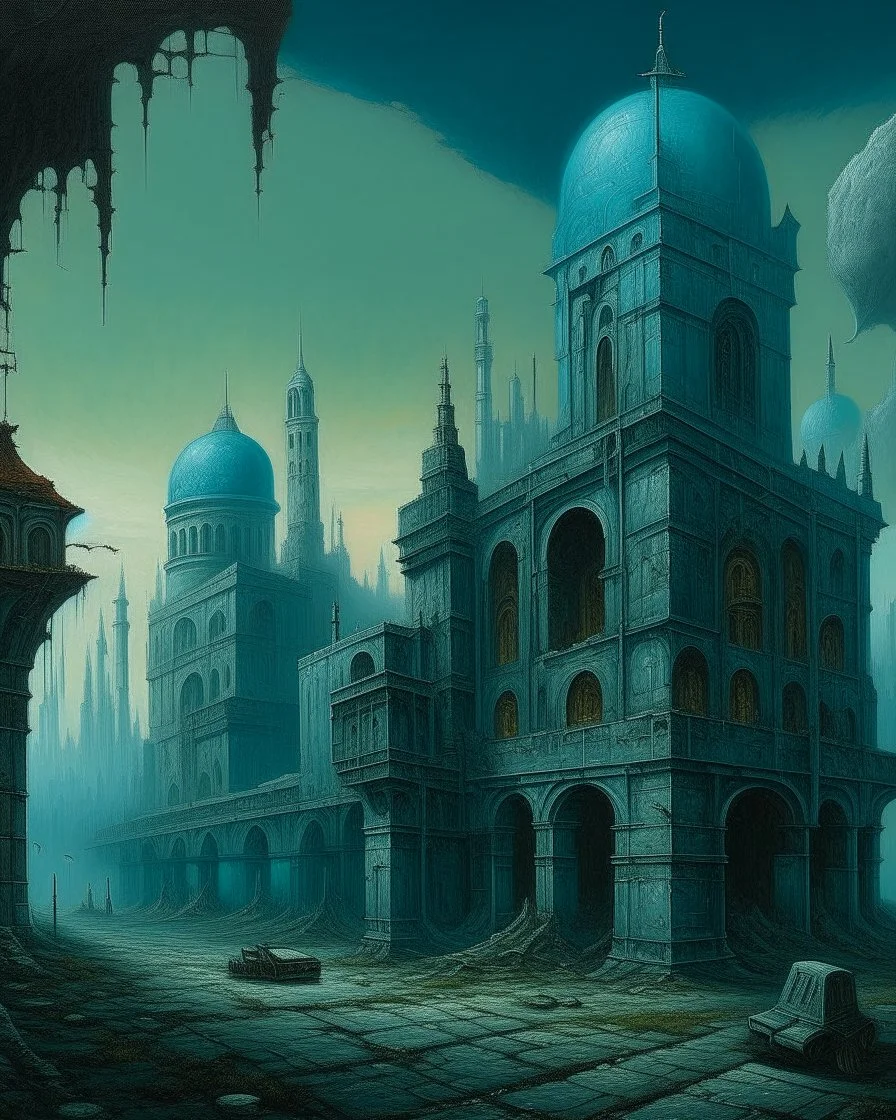 A blackish teal abandoned broken city with hovering buildings painted by Francis Danby