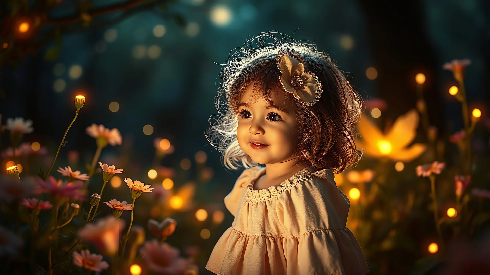 Une douce belle heureux petite enfant erre dans son monde enchanté, Parmi les merveilles, elle adore explorer. Nuit enchantée, fleurs magiques, arcs-en-ciel de lumière, lucioles dansantes, fées lumineuses. Ses rêves sont vastes, pleins de beauté, Chaque instant est un nouveau bonheur. Dans son univers, tout est merveilleux, Un monde imaginaire, tendre et lumineux. Bel éclairage, composition attrayante, photoréaliste, extrêmement détaillée, clair-obscur, règle des tiers. Photograph.