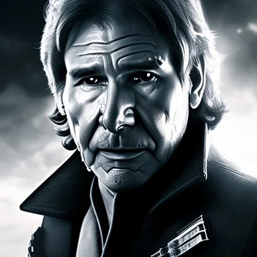 portrait of harrison ford as captain han solo, brown eyes, with realistic and extrem light and rough facial skin, cinematic lighting, photorealistic, volumetric light and shadow, hyper HD, octane render, unreal engine, insanely detailed and intricate, hyper-realistic, space background, watercolour on white paper