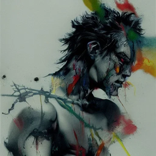 Fullbody portrait of an abstract angelic demon looking at a mirror, colorful charcoal painting, by yoji shinkawa on lsd, erratic brush strokes, sense of dread and death and blood, greg rutkowski, rough