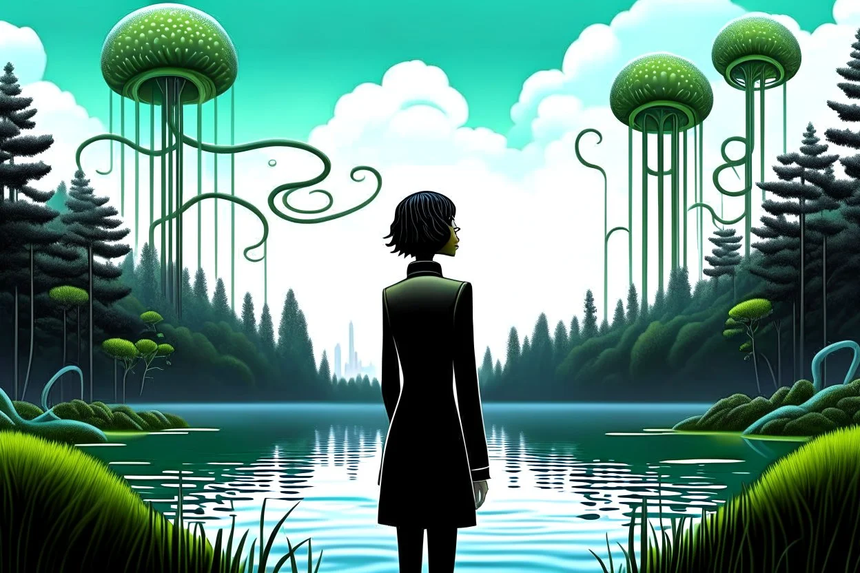 A skinny woman with a black bob hairstyle, in a green and silver suit, standing, looking out over a lake, in an alien forest, with tall narrow cloud trees, with flying dandelion heads with octopus tentacles