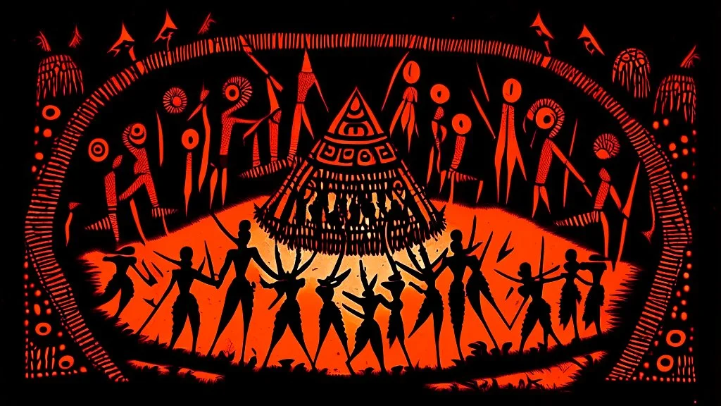 prehistoric religious ritual with Psilocybin in style of Warli painting orange, red to black