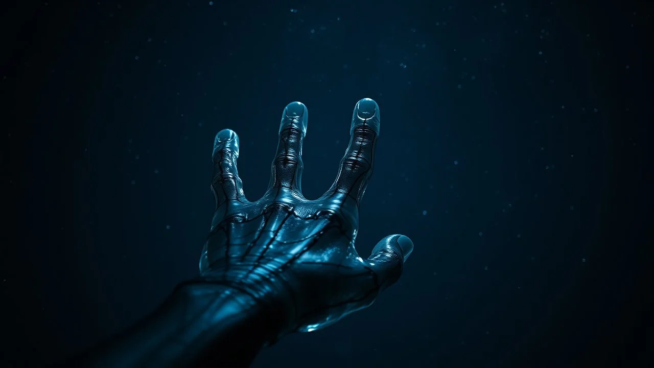 fekete tengerből a mélykék ég felé nyúló átlátszó üveg kar fekete erekkel és öt ujjal, sötét univerzum, halvány csillagok, galaxis, detailed, high realistic, lenyűgöző, dark. gloomy