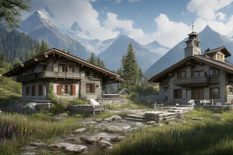 a swiss house in the mountains as far cry 4 concept art, spring season, beautiful, gorgeous buildings, oil painting, painting by viktor vasnetsov, concept art, fantasy landscape, swiss architecture, cryengine 5 enterprise engine, volumetric lighting, volumetric clouds, painting by ivan shishkin, hyperborea, hires, trending on artstation