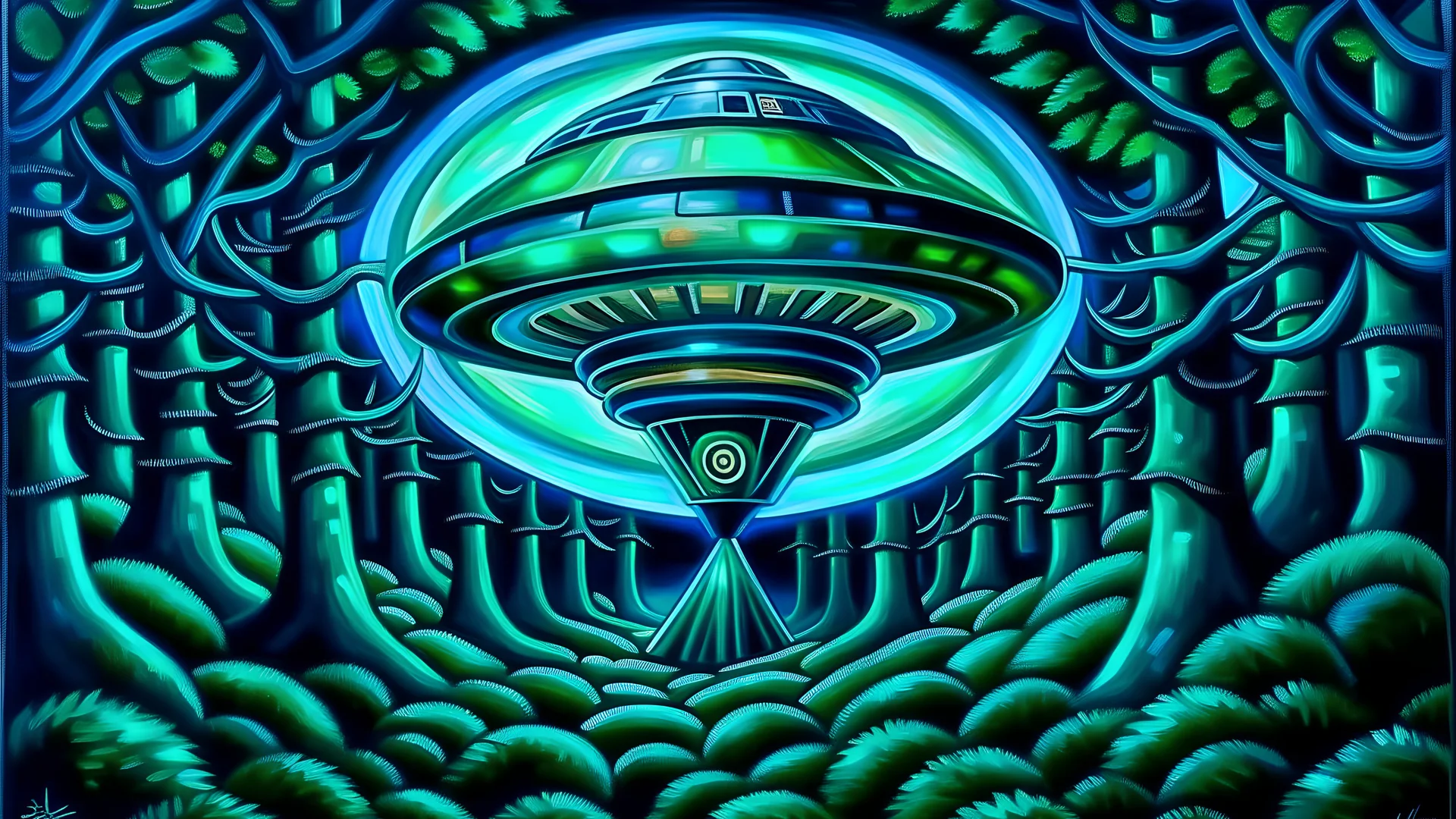 florescent classical oil painting cubism style large ufo in forest zapping avocado