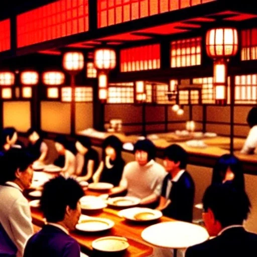 Escena de restaurante japonés lleno de personas comiendo, foto realismo, estilo blade runner.