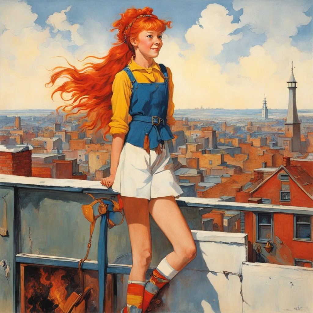 [art by Norman Rockwell] we find Pippi Longstocking in her late twenties, standing tall and confident on the rooftop of her eccentric, yet charming, apartment building. The wind sweeps through Pippi Longstocking's long, fiery hair, blowing it behind her like a vibrant flame. She has the same mischievous sparkle in her eyes, but there's a depth and wisdom that only age can bring. Dressed in a unique ensemble that combines playful quirkiness with a touch of sophistication, Pippi Longstocking exud