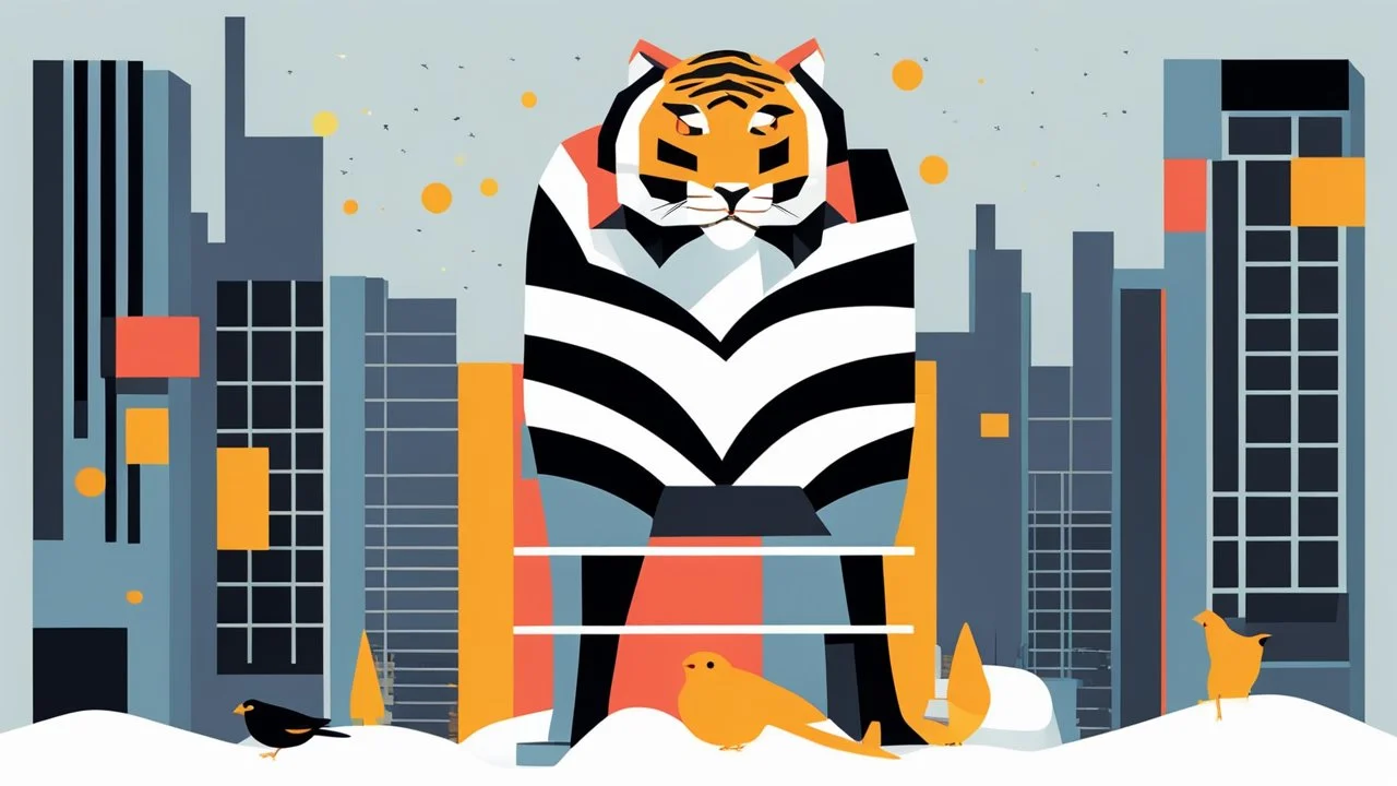 snowfall, rooftops, birds, a tiger, bauhaus functionalism, cyberpunk, neon accents, geometric shapes, clean lines, minimalism, balanced composition, modernist aesthetic, primary colors, bold contrasts, structured design, abstract forms, symmetrical layout, functional elegance, modular elements, precise details, illustration