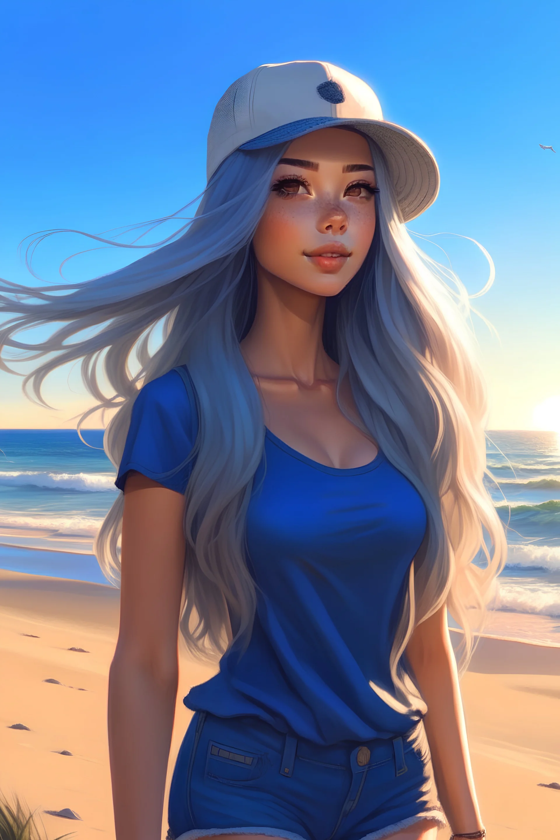The sun was shining brightly as the beautiful girl kept walking on the shore. Her long, gray hair sparkled in the sun, nestled underneath her navy cap, her big, blue eyes gleaming with life. She was wearing a slim fit shirt which contoured her curves beautifully and matched perfectly with her short shorts. She had an air of confidence and strength as she made her way through the delicate, white sand. As she took in the breathtaking view of the endless ocean, she felt a sense of peace within her.