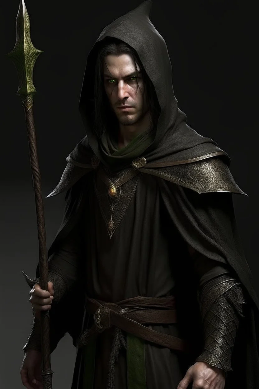 full length, mantle, black with, holding a spear in his hand, hood removed