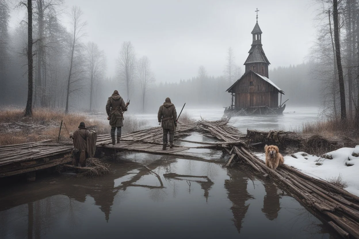 DRAW A PICTURE. 21st century. IT'S SNOWING. The Russian hinterland. Two hunters with guns and a dog in a boat sail up to the completely destroyed wooden bridge over the river leading to the village, several wooden piles sticking out of the water. There is a dilapidated Orthodox church on the shore. The image is in 8 K. There are a lot of reeds growing in the foreground.