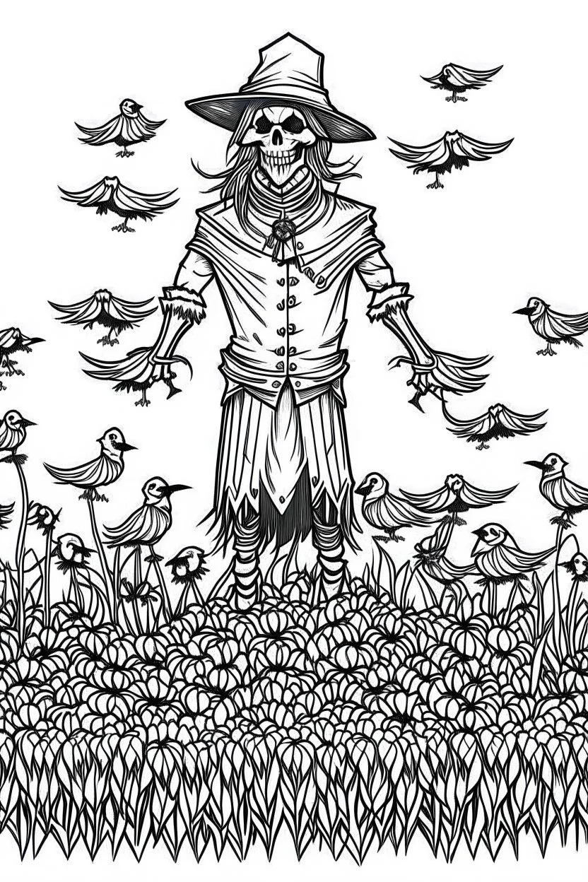 A scarecrow standing in a cornfield, with crows circling overhead. Outline, sketch style, only use outline, mandala style, clean line art, white background, no shadows, no clear wall, coloring page.