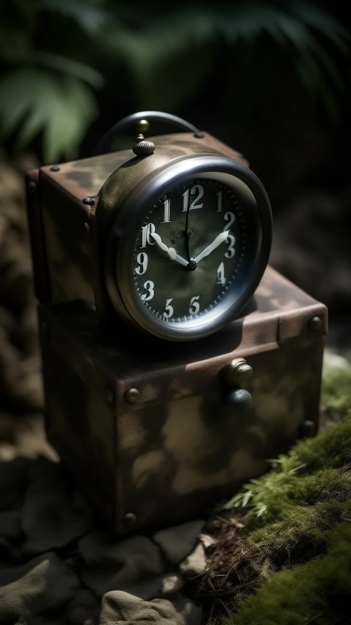 An old classic clock in a box without indicators in the background of black vein, human veins, mixing together a lot of them, like a forest, big and small veins a lot of them, an army helmet from WW2
