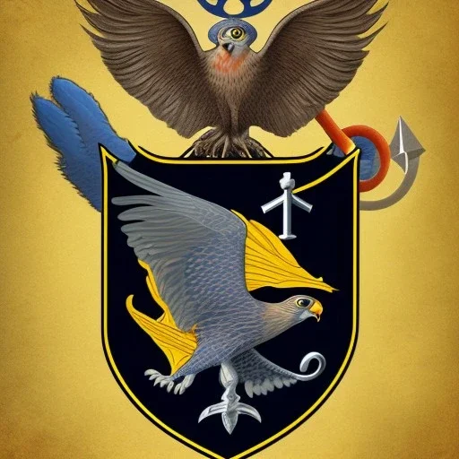 Fantasy setting, coat of arms with a kestrel holding a black anchor in its talons, encircled by a navy blue ring and a yellow half circle shape above it.