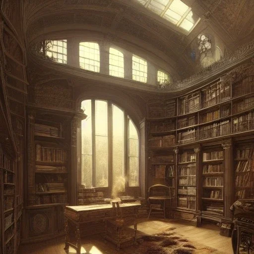 A study room with a mezzanine and dormer Windows, plants, bookcase, Beaux Arts architecture,interior design,medium long shot, point of perspective,by Jean Baptiste Monge, Epic cinematic, brilliant stunning, intricate, meticulously, detailed, dramatic atmospheric, maximalist digital matte painting