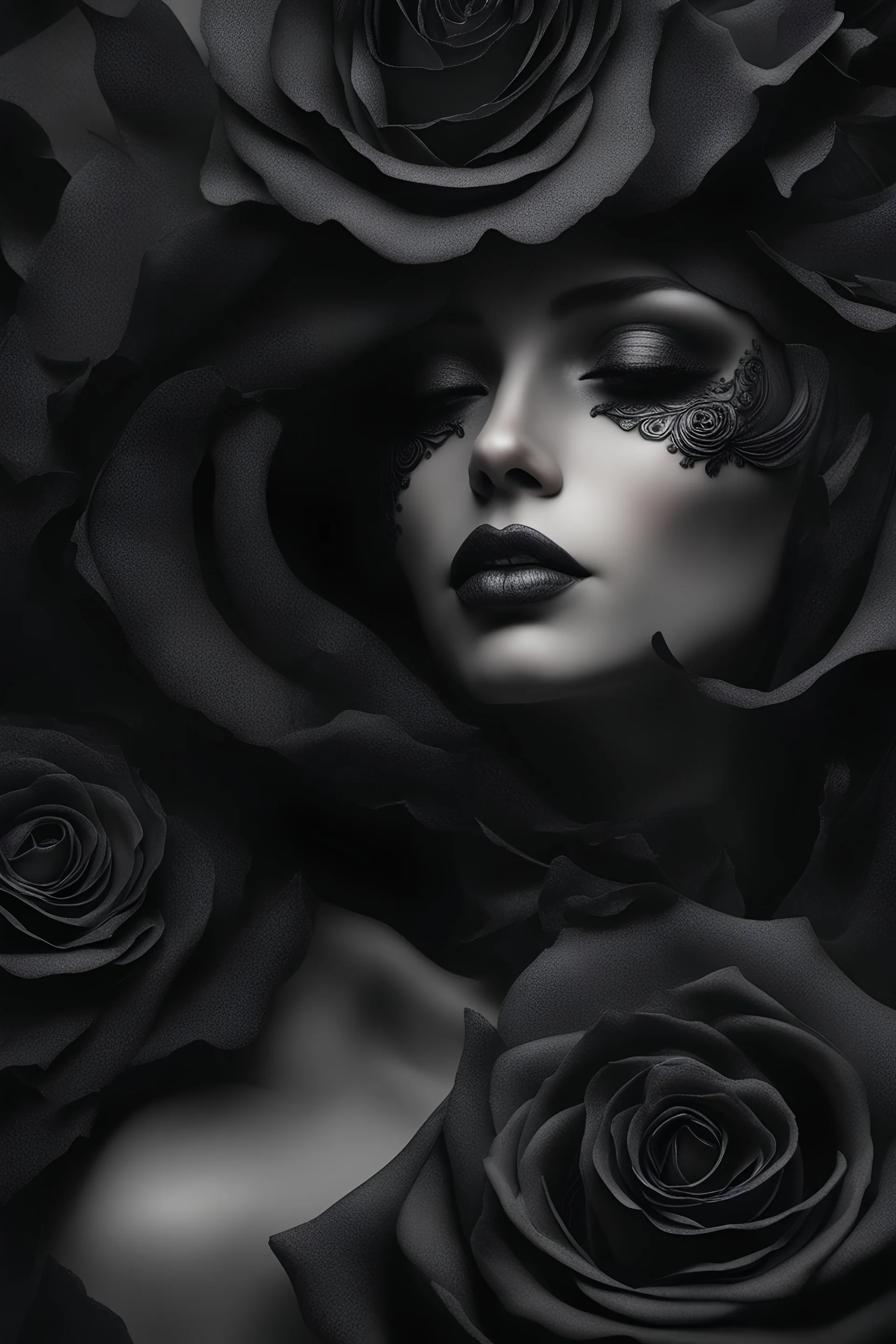 Close-up mage of a beautiful woman's face inside of a black rose, Smoky, 8k quality, extremely realistic, gothic, exceptional creation, fantastic, highly detailed