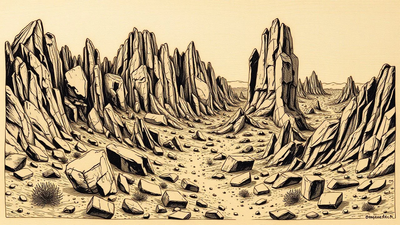 Delicately carved woodcut of an enigmatic rocky desert, where surrealistic motifs blend seamlessly with the harsh landscape.