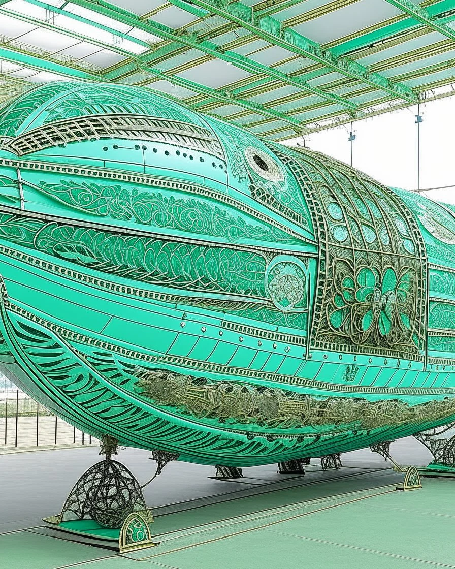 A mint colored airship with fans designed in Mehndi design