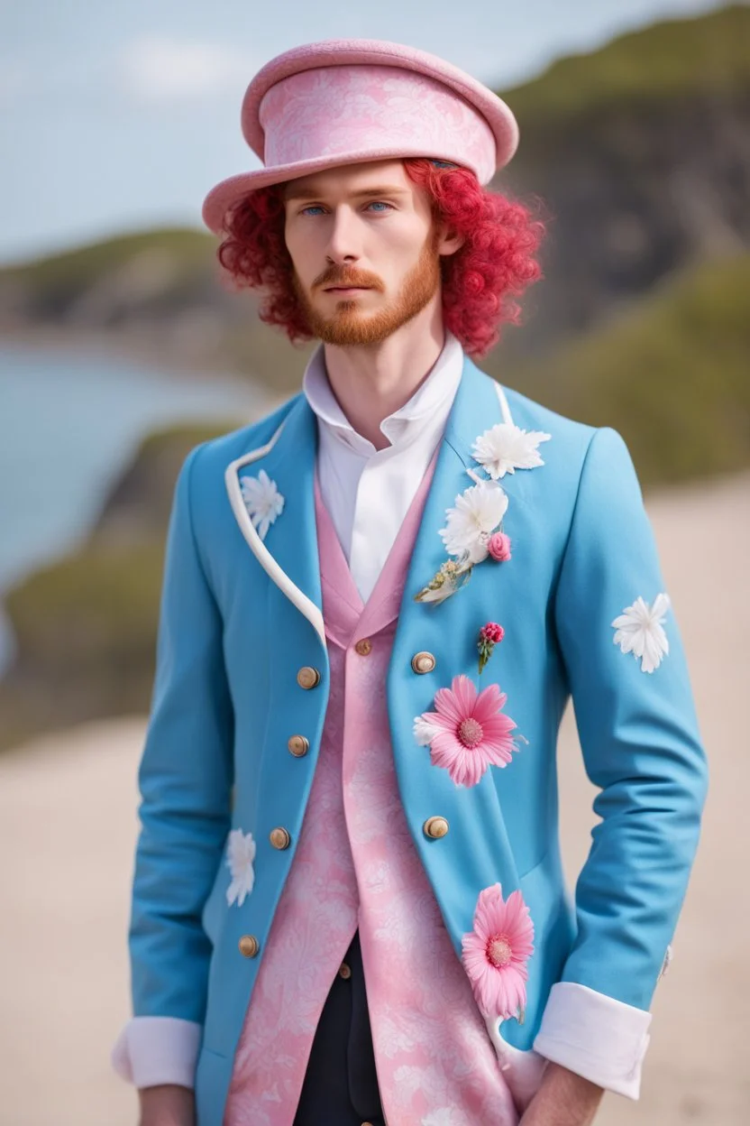 kind young sailor, man, red slightly curly hair, long jacket, pink-azure clothes, pink-azure cocked hat, white floral pattern on the jacket, flower in the hair, my time at sandrock style