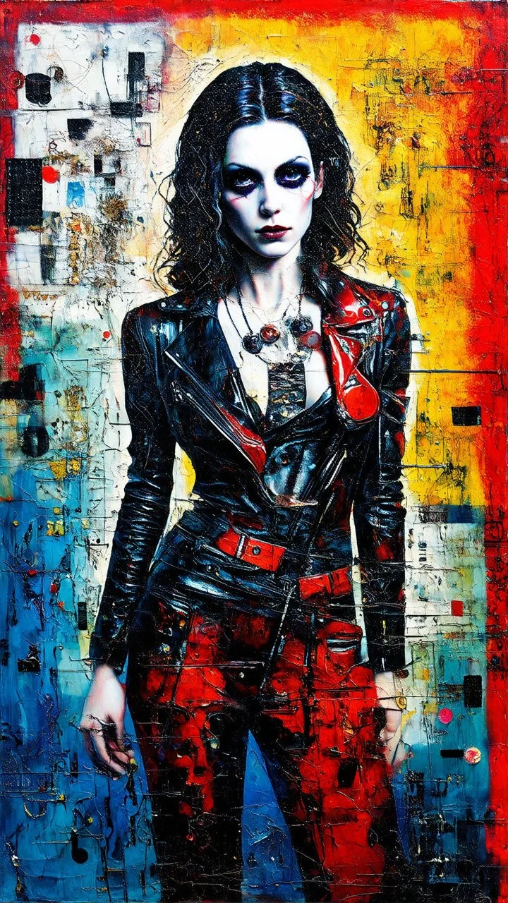 Abstract art, hand assembled, full body female goth rocker portrait from found objects collage, random textile textures, mixed media, Wassily Kandinsky, Jerry Uelsmann, Paul Klee, double color exposure, surreal, otherworldly, dark noir, atmospheric, decayed, sorrowful, forlorn