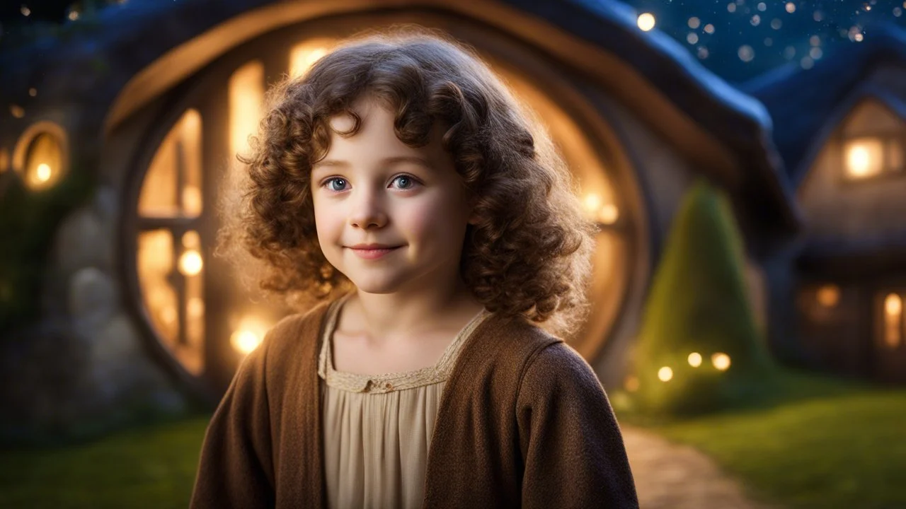 little young hobbit girl, beautiful, confident, calm, wise, happy, innocent, facing camera, head and shoulders, curly hair, hobbit clothing, perfect eyes, LOTR village, hobbit homes with circular windows and round doors, night scene, stars, fireflies, 16k artistic photography, exquisite composition, photorealistic concept art, soft natural volumetric light, chiaroscuro, award-winning photograph, masterpiece, style William-Adolphe Bouguereau