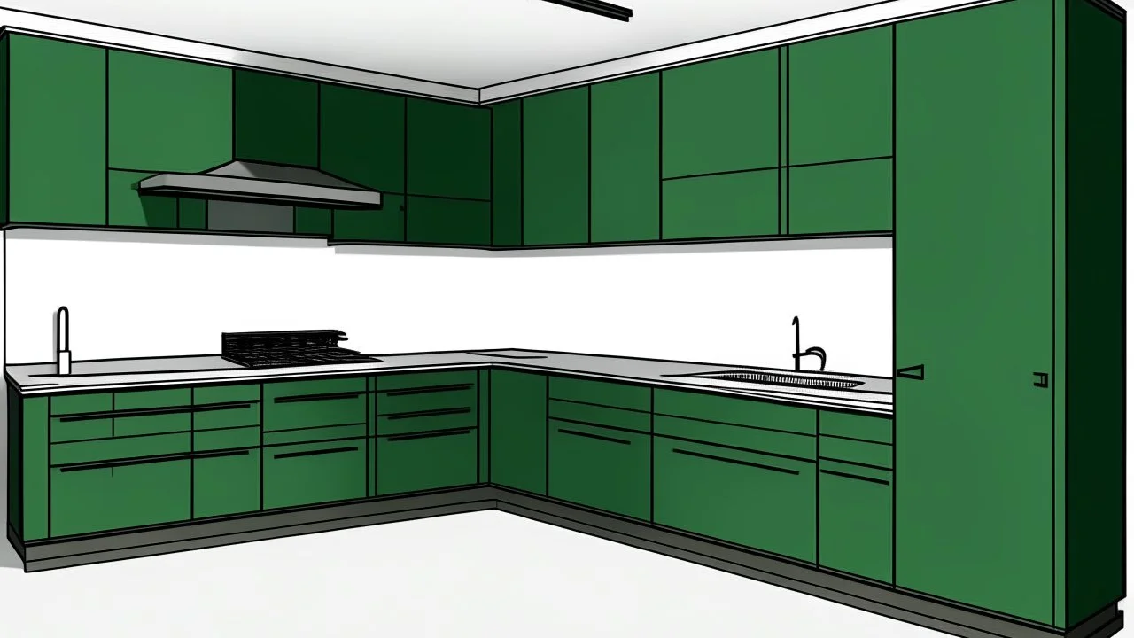 kitchen with dark green furniture, forest wallpaper on a white wall, on the left side next to the window there is a microwave and oven installed in the furniture, and on the right side 5 cm from the induction hob and a kitchen hood above it,