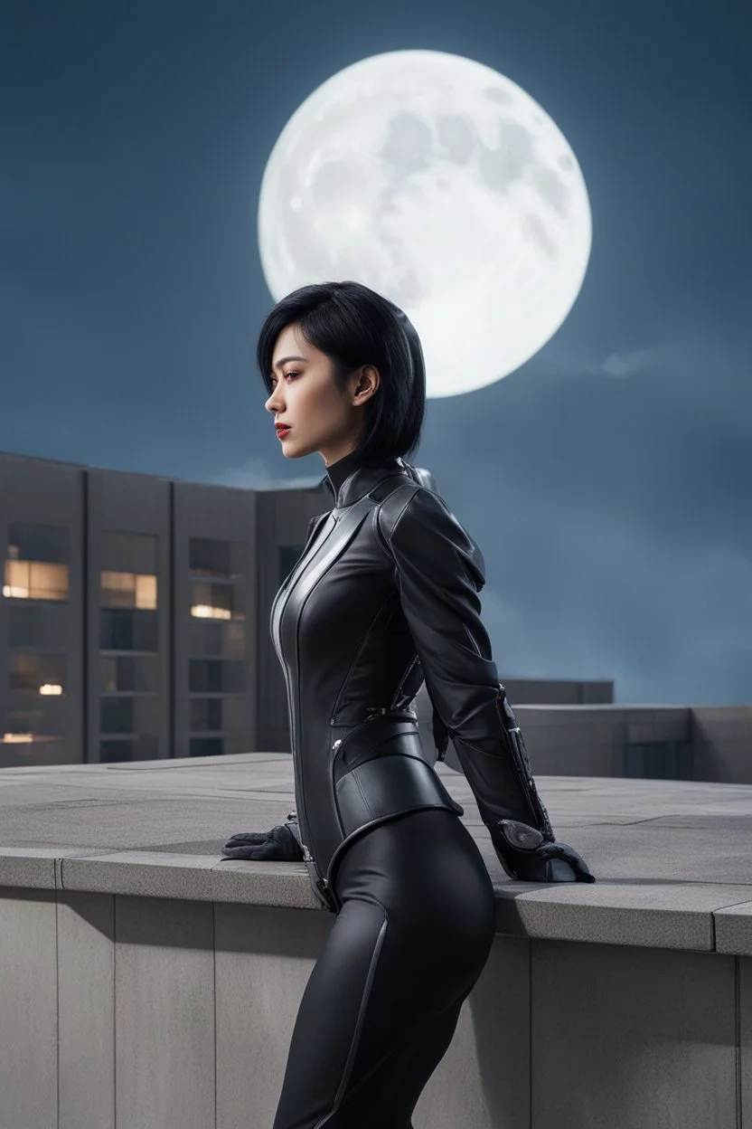 Photo Of A slim Woman With Black Hair, Wearing An android-looking suit, standing sideways On A Ledge of a building, With A waning moon Behind Her Head