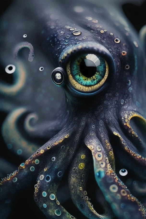 Black inky octopus with photorealistic eyes, Colored photo