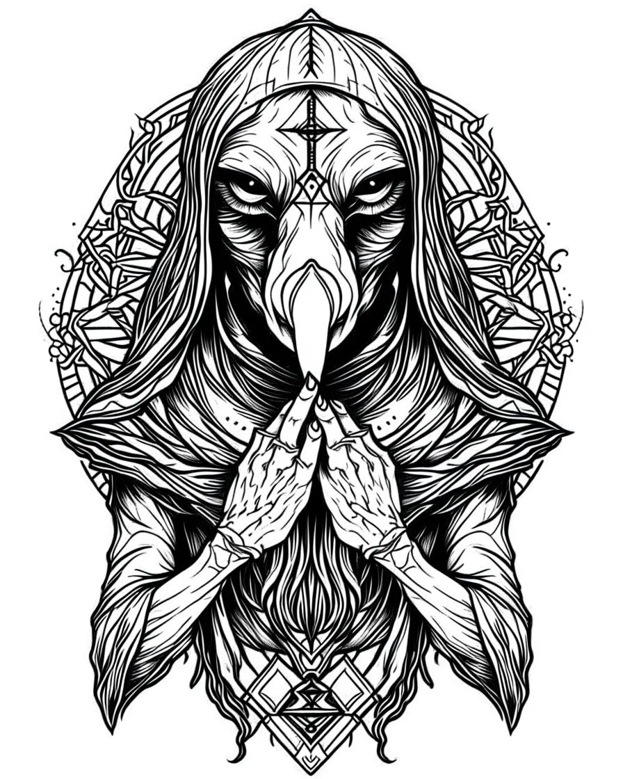 symmetrical raven tattoo, coloring book page, clean line art, adults drawing book, Black and white only, crisp black lines, sharp lines, coloring page for adults, black and white picture, lots of details, tattoo style,tattoo ideas, full body