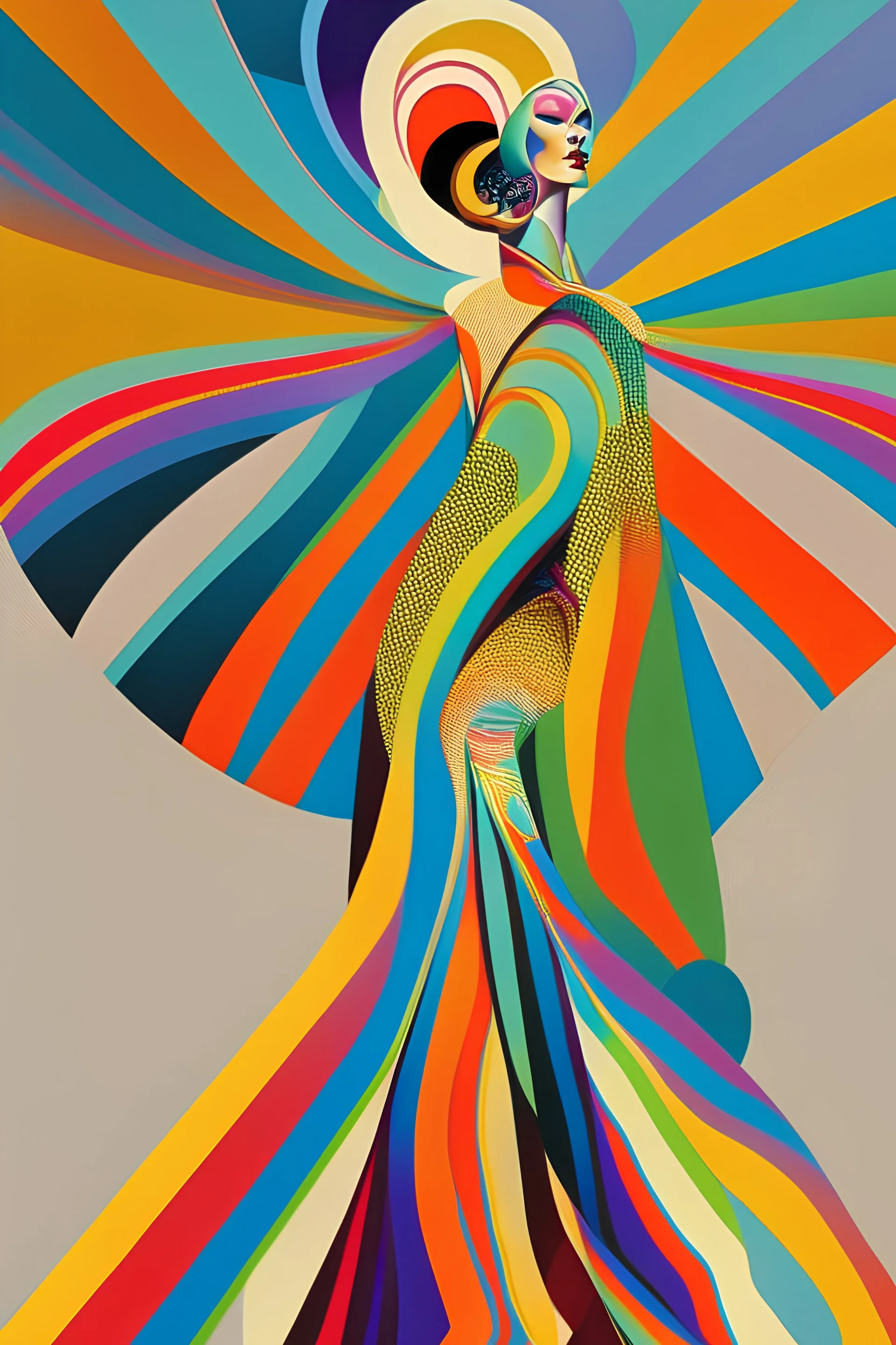 Woman dressed in rainbow prints style of erte