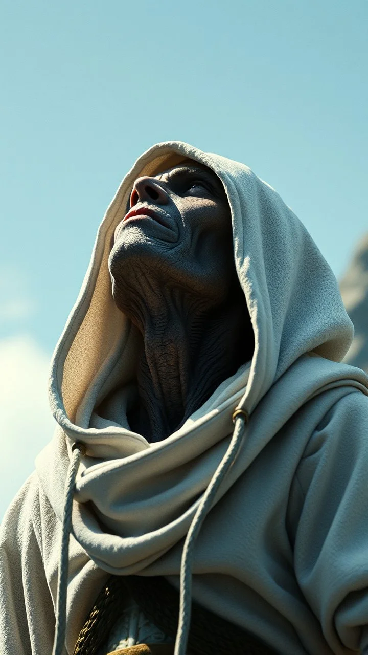 The creature from the the movie Prometheus with white hooded clothes looking up to the sky 3/2 view